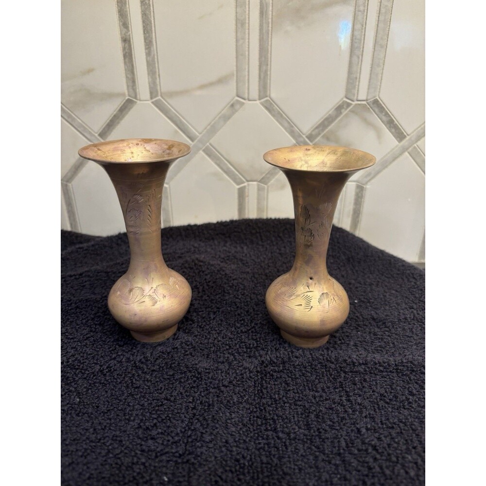Vintage Brass Bud Vase Candle Stick Holder Etched Design (India?) - Set of 2